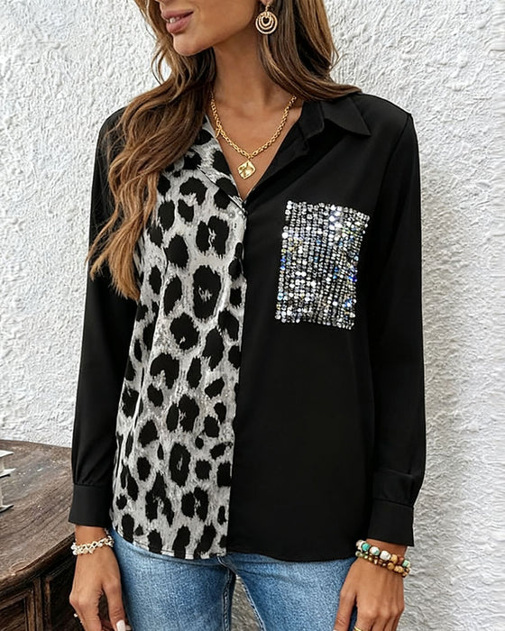 Hemd Leopardenmuster Kontrast Strass