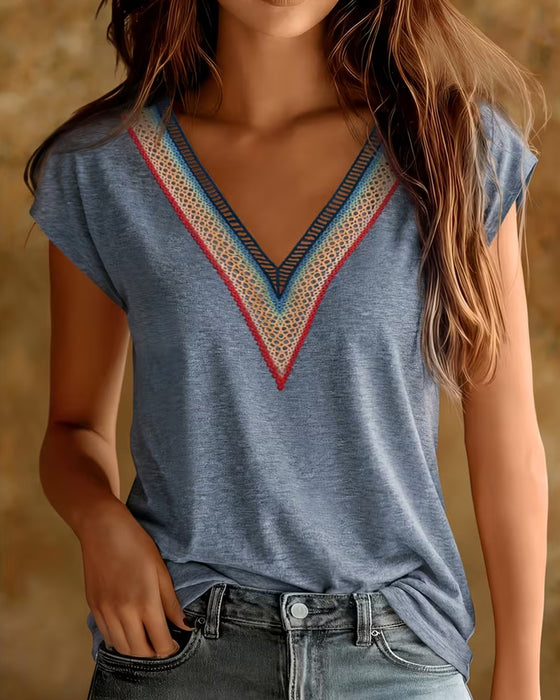 T-Shirt Patchwork V-Ausschnitt Spitze Kontrast