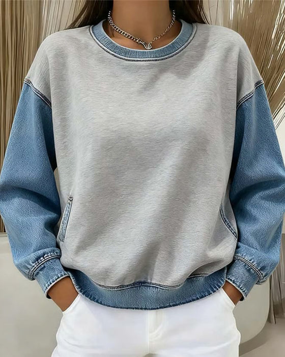 Sweatshirt Runder Ausschnitt Denim Patchwork