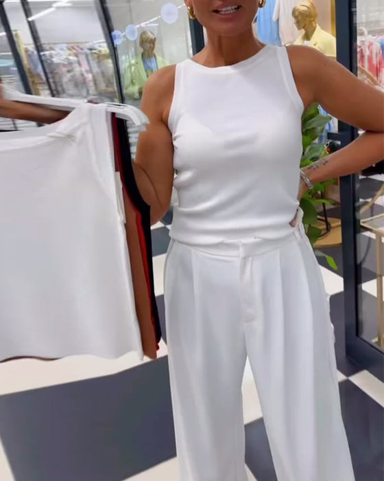 Tanktop Ärmellos Unifarben Rundhals