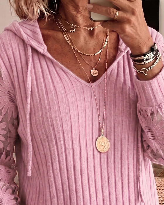 Bluse Kapuze V-Ausschnitt Spitze Patchwork Gerippt
