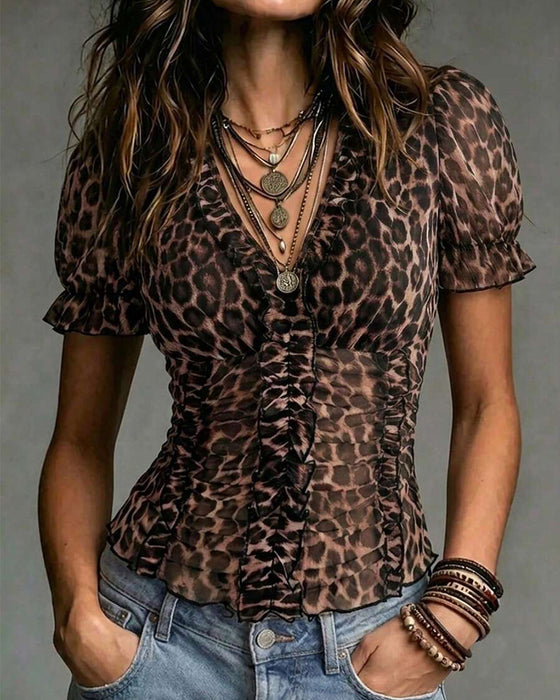 Bluse V-Ausschnitt Leopard Druck Rüsche Puffärmel