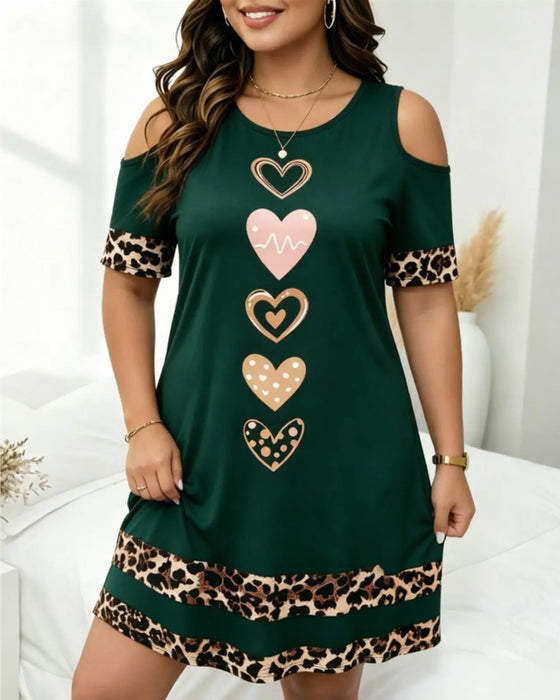 Kleid Rundhals Off-Shoulder Leopard Herz