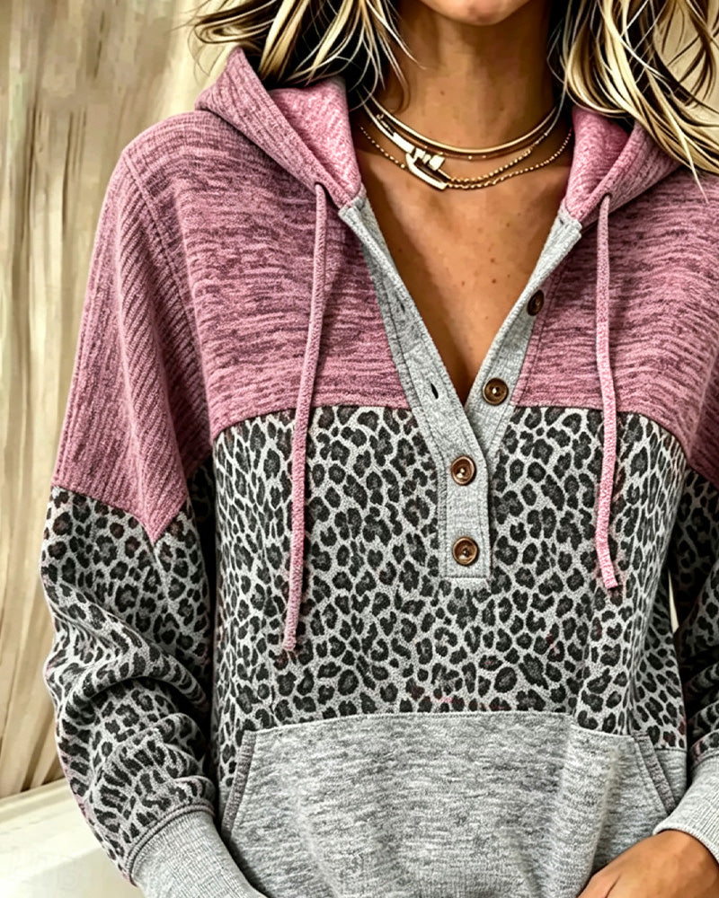 Hoodie Leopard Farbblock Kordelzug