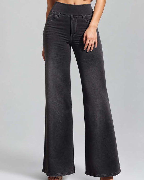 Hose Elastische Taille Denim Weites Bein