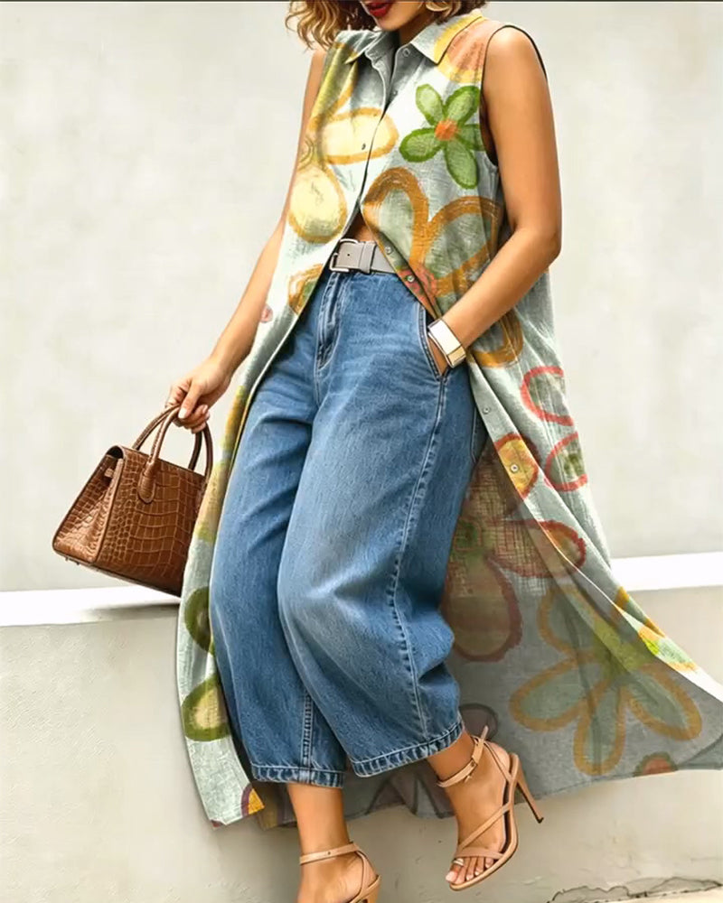 Kleid Aquarellprint Lang Ärmelloses Hemd