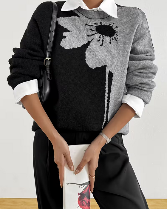 Pullover Farbblock Groß Blumen Jacquard Rundhals