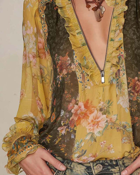 Halbreißverschluss Blumenprint Bluse