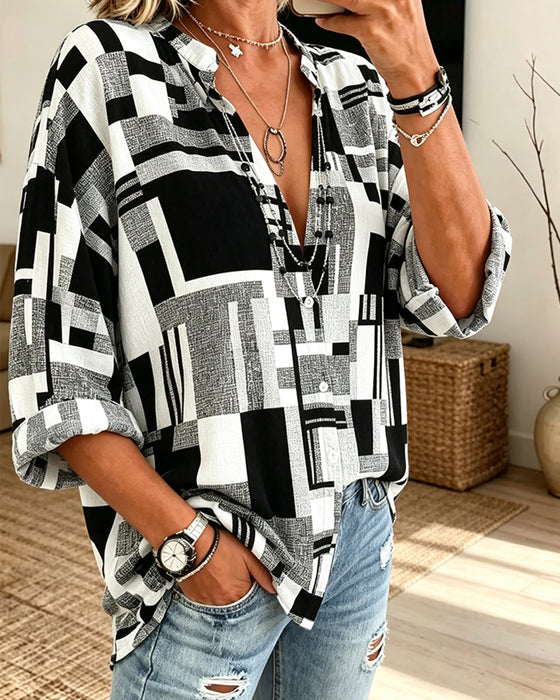 Bluse Geometrischer Druck V-Ausschnitt Locker