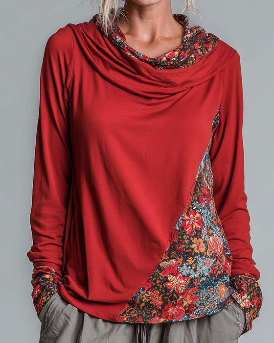 Oberteil Slouchy Drapierter Ausschnitt Patchwork Langarm