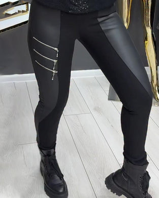 Leggings PU Patchwork Reißverschluss Verziert