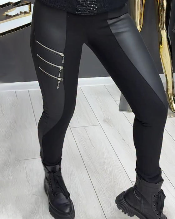 Leggings PU Patchwork Reißverschluss Verziert