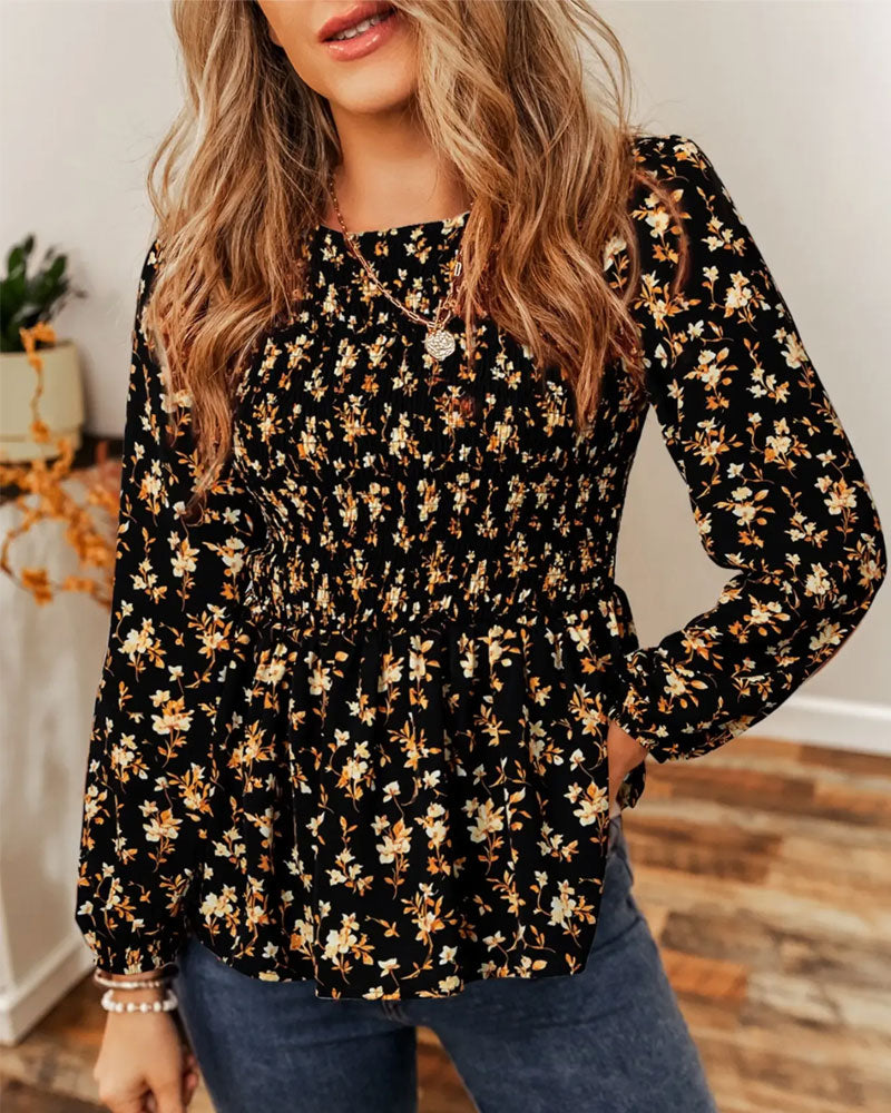 Bluse Blumen Gerafft Langarm