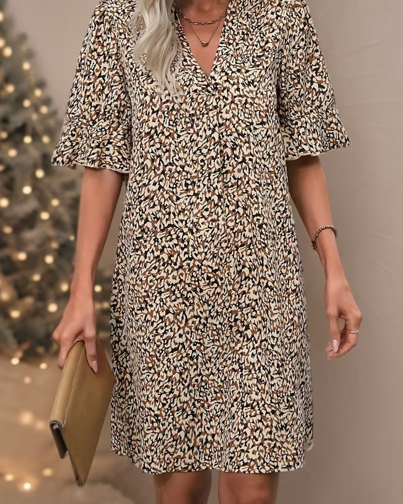 Kleid Leopardenmuster Blumig V-Ausschnitt Rüsche Ärmel