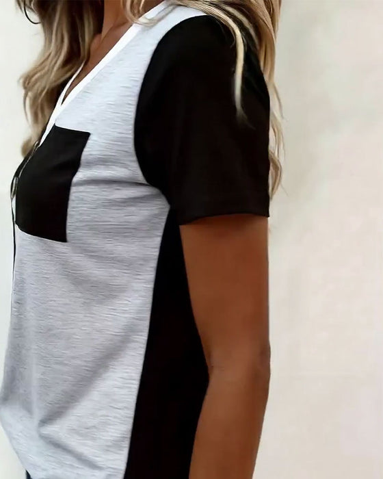 T-Shirt V-Ausschnitt Kontrast Tasche