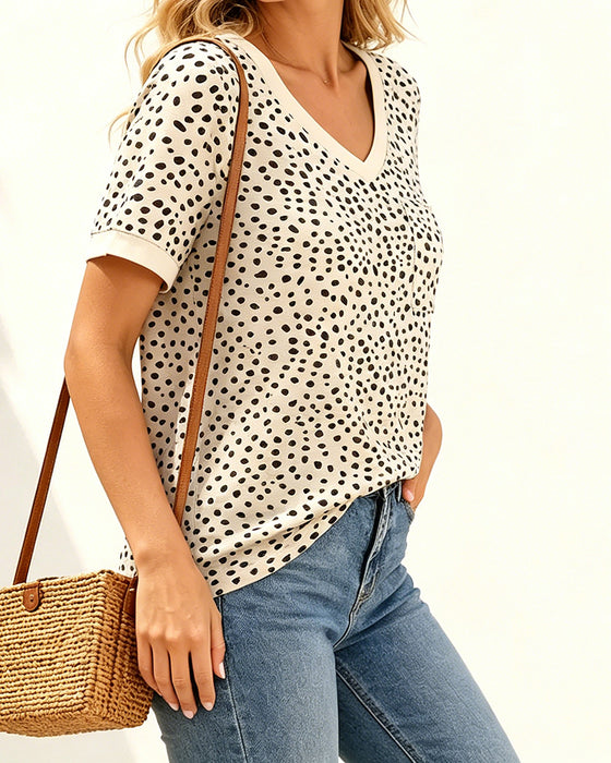 T-Shirt V-Ausschnitt Polka Dot Tasche