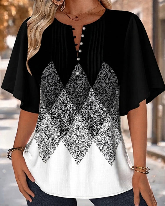 T-Shirt Mit Diamantmuster-Gradientendruck Und V-Ausschnitt