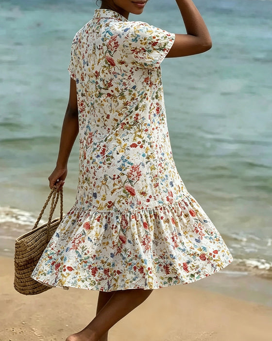 Kleid Geblümt Kurzarm Rüschensaum