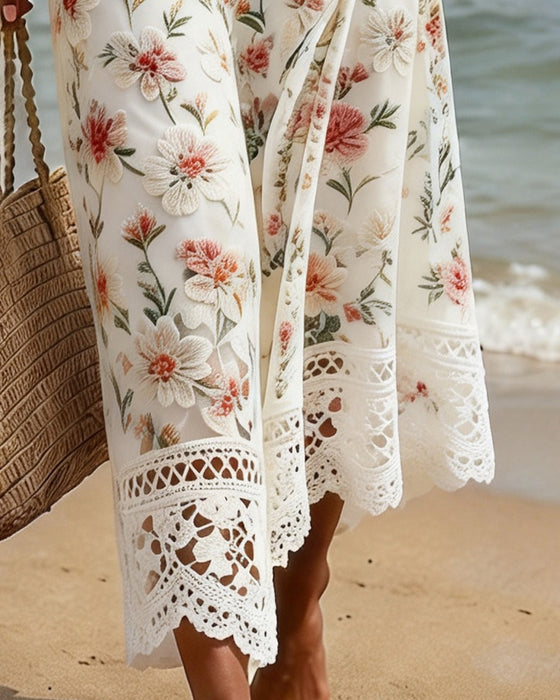 Kleid Hollow Out Patchwork V-Ausschnitt Blumen