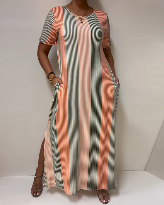 Kleid Gestreift Schlitz Casual Long