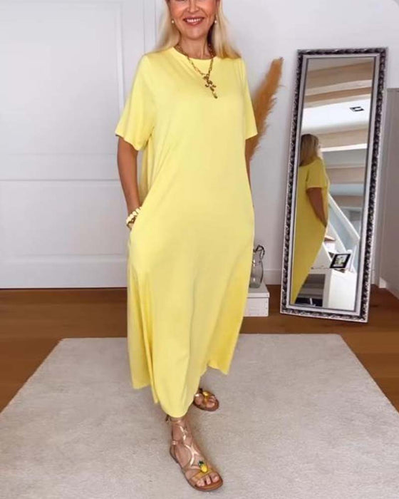 Kleid Casual Rundhals Uni-Farben Gerade