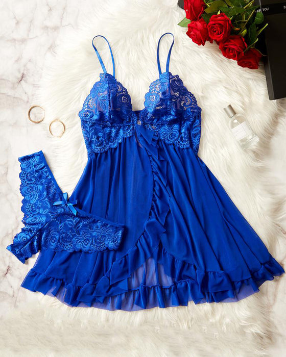Cami Nachthemd & Schleifen-Deko Slip Set Damen Sexy Rüschenbesatz Spitze
