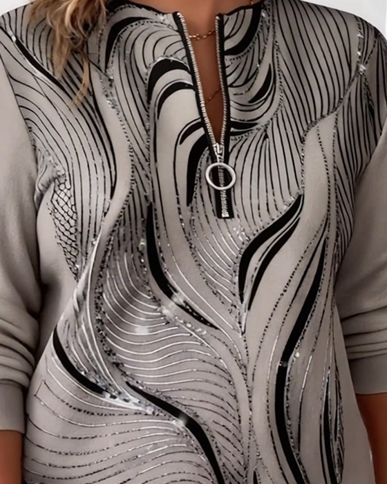 Plusgröße Casual Sweatshirt mit Druck und Halbreißverschluss