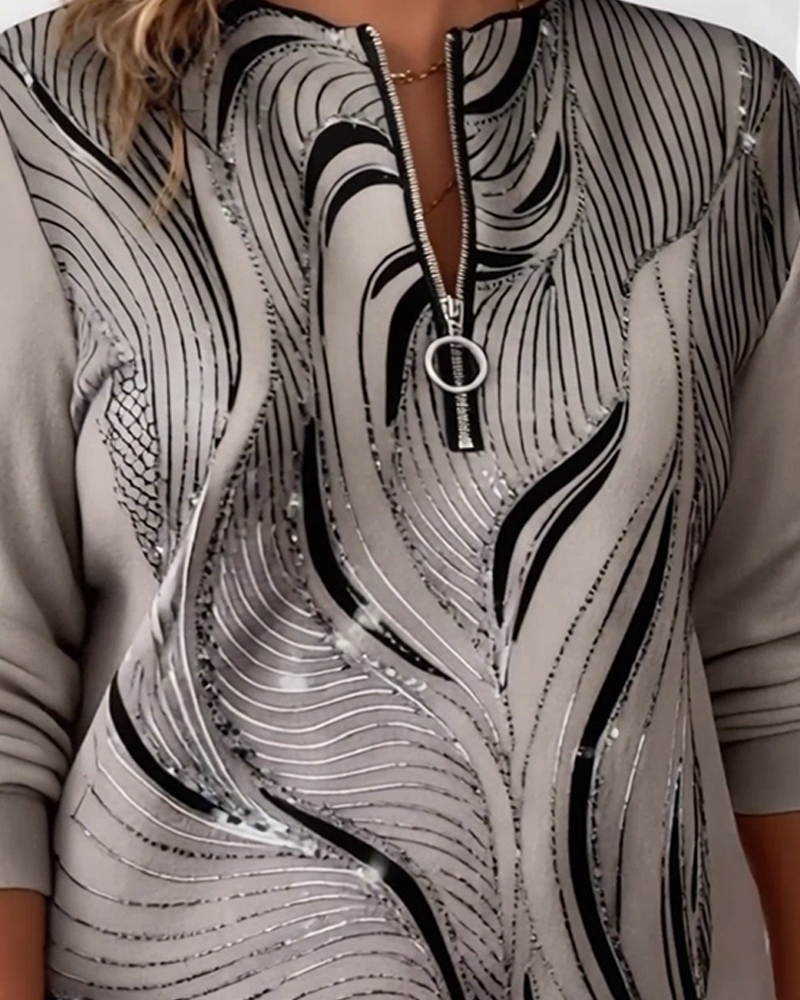 Plusgröße Casual Sweatshirt mit Druck und Halbreißverschluss