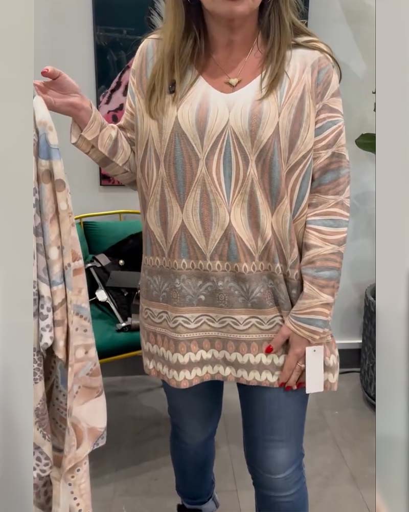 Top geometrischer Diamantdruck langärmlig V-Ausschnitt