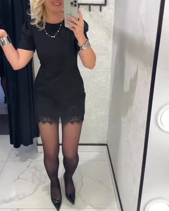 Kleid Puffärmel Spitze Patchwork