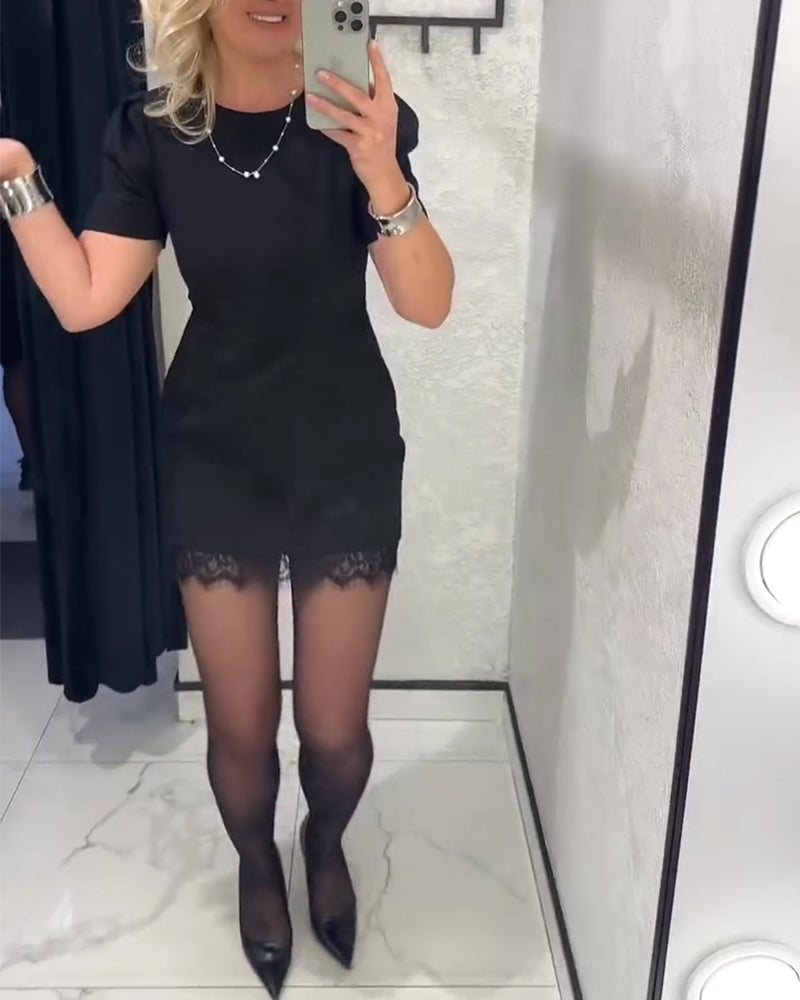 Kleid Puffärmel Spitze Patchwork