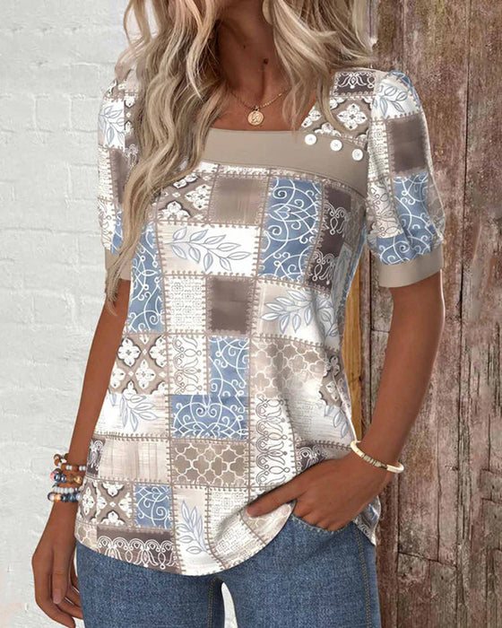 T-Shirt Schulterfrei Puzzleprint Kurzarm