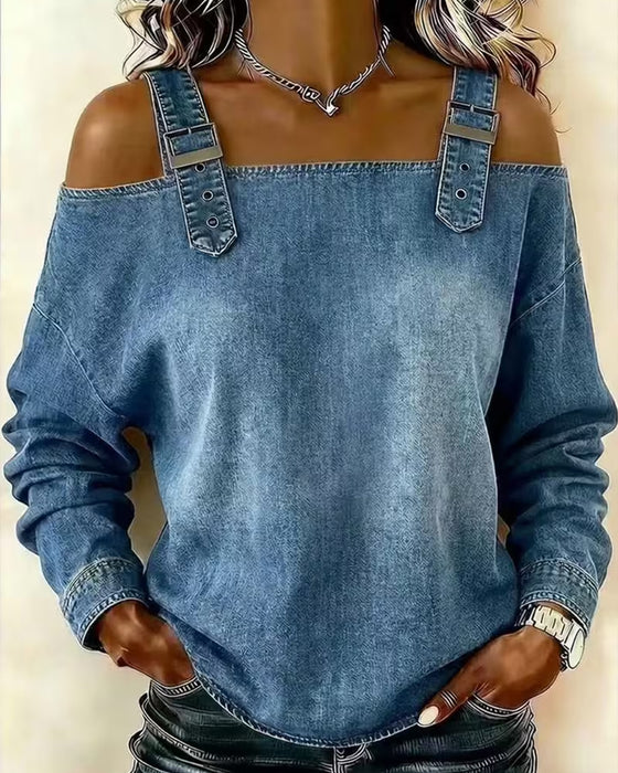 Bluse Spaghettiträger Off-Shoulder Denim Metall Knopf