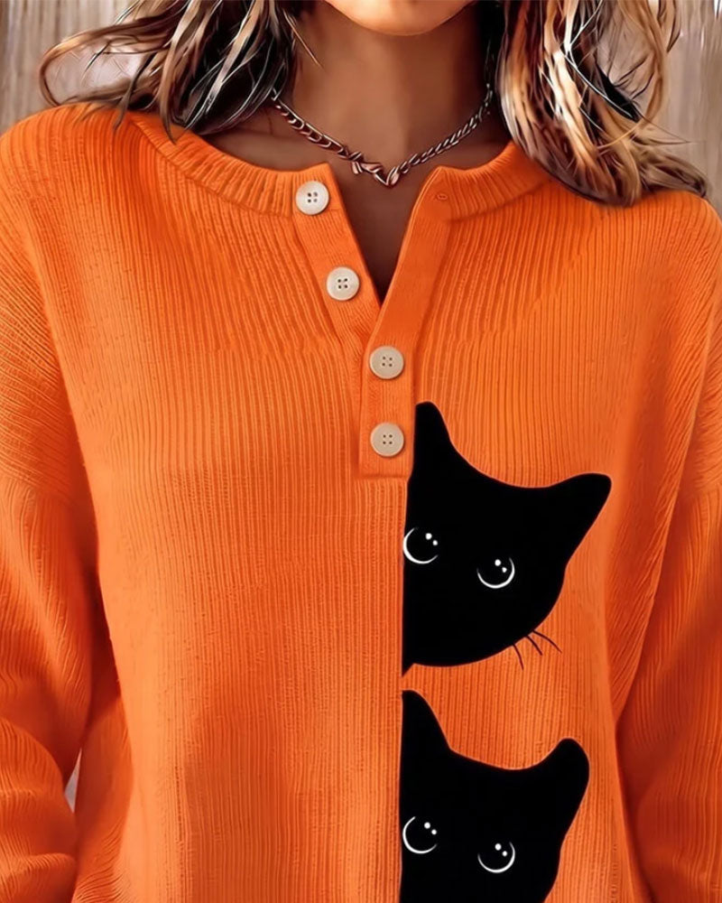 Pullover Knopf Vorne Streifen Katze Kontrast Gestrickt