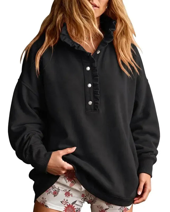 Sweatshirt Rüsche Geknöpft Langarm Locker
