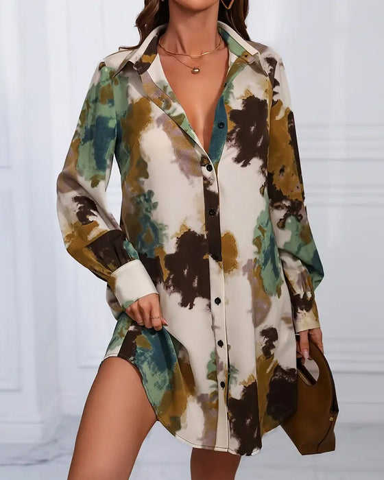 Kleid Reverskragen Langarm Batik
