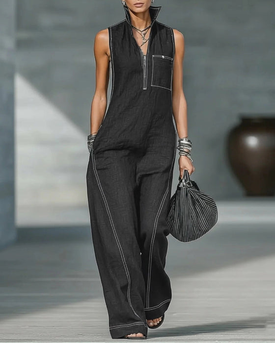 Jumpsuits Mandarin Kragen Ärmellos Schwarz Und Weiß Breites Bein