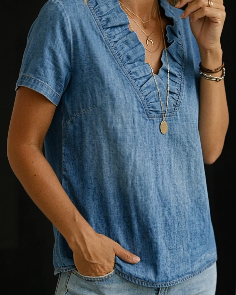 Bluse Rüschen V-Ausschnitt Denim