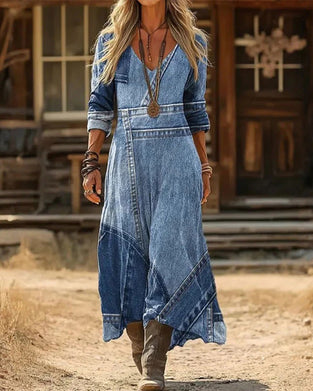 Kleid im Retro-Stil mit V-Ausschnitt, langen Ärmeln und Print