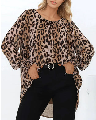 Bluse Rundhals Leopard Unregelmäßig Laterne Ärmel