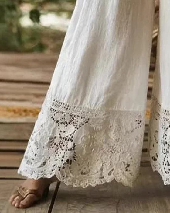 Hose Elastische Taille Kordelzug Spitze Patchwork Weites Bein