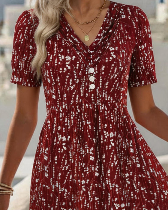 Kleid Blumen Gerafft V-Ausschnitt
