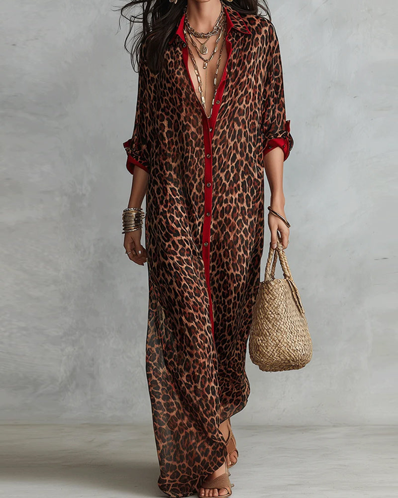 Kleid Revers Leopard Farbblock