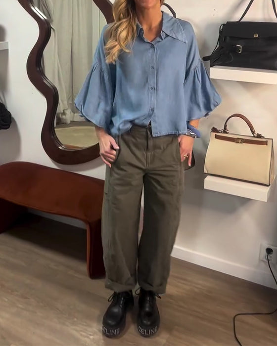 Bluse Puff Ärmel Kurz Kragen