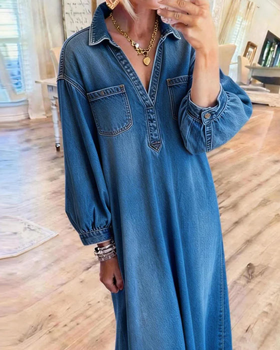 Kleid Denim Hemd Stil Maxi
