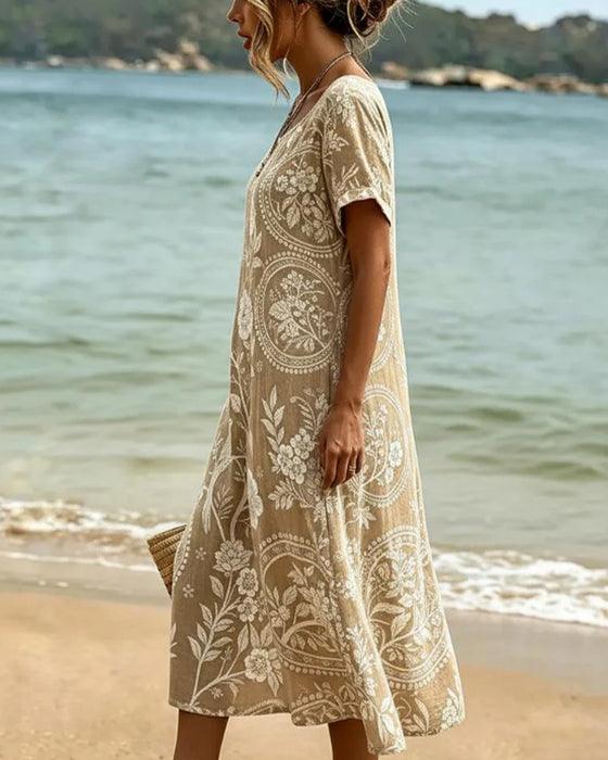 Kleid Rundhals Blumig Vogel Druck