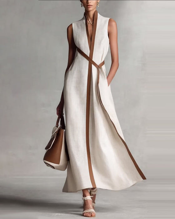 Kleid Kontrastfarbe Ärmellos Maxi