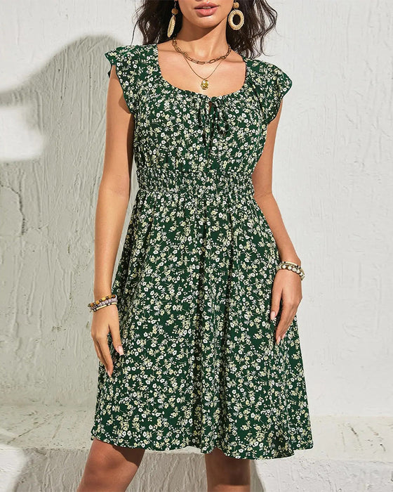 Kleid Rundhals Elastische Kräuselung Blumig