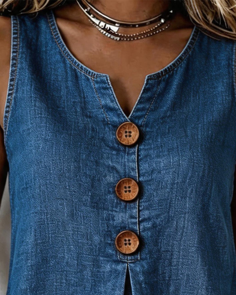 Bluse Denim Ärmellos Knopfleiste
