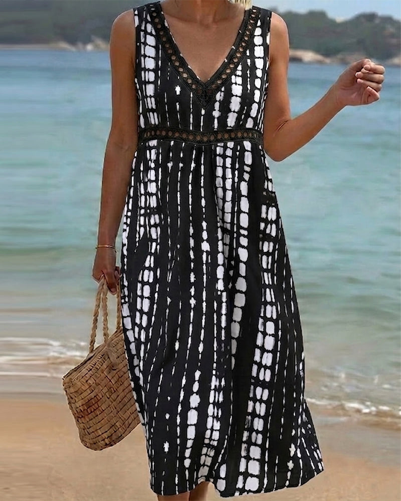 Kleid V-Ausschnitt Ärmellos Abstrakter Print